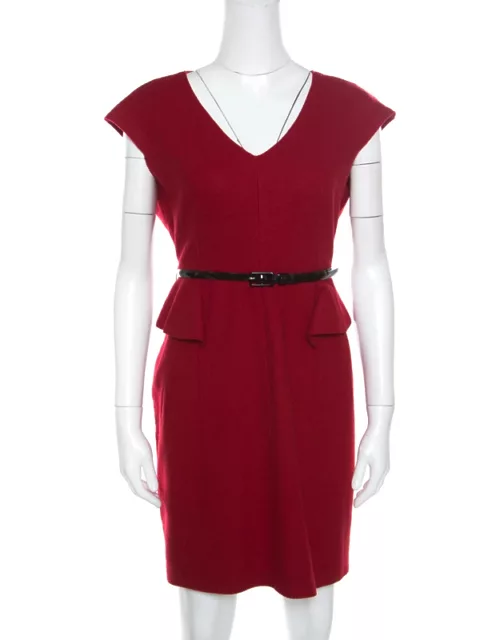 CH Carolina Herrera Red Wool Half Peplum V-Neck Dress