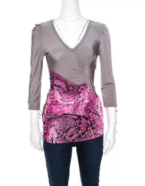 Just Cavalli Grey and Pink Animal Printed Ruched Long Sleeve Top