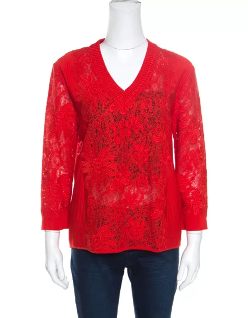 Ermanno Scervino Red Lace Paneled V Neck Sweater