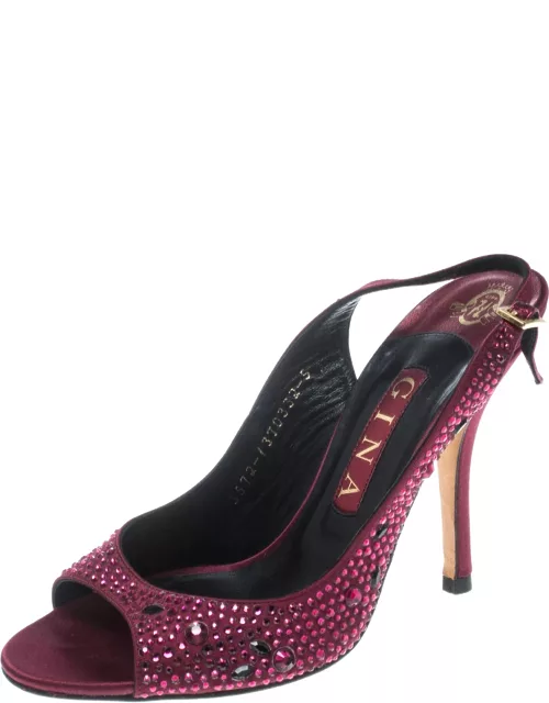 Gina Red Satin Crystal Embellished Peep Toe Slingback Sandal