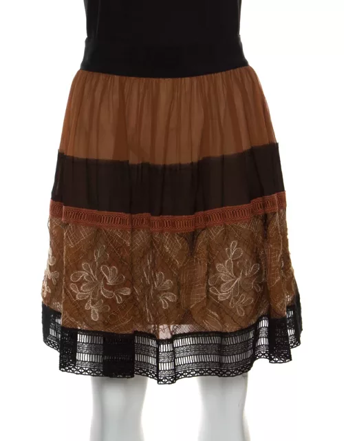 Alberta Ferretti Brown Silk Colorblock Lace Panel Detail Gathered Skirt