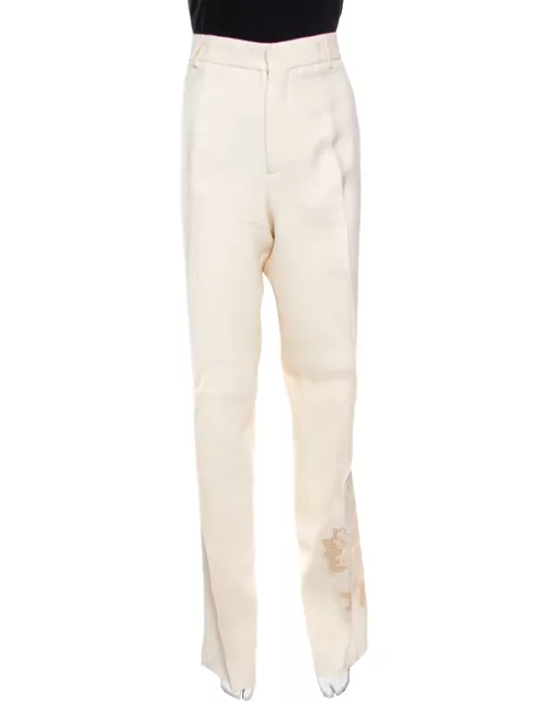 Rochas Cream Floral Embroidered Mesh Detail Tailored Trousers