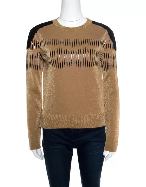 Louis Vuitton Brown Lurex Knit Contrast Suede Shoulder Patch Detail Cropped Sweater