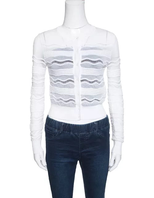 M Missoni White Perforated Knit Cropped Cardigan