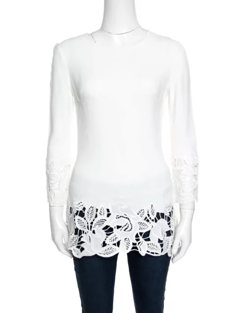 Ermanno Scervino Off White Floral Lace Trim Detail Long Sleeve Top
