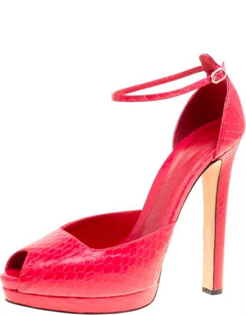 Alexander McQueen Red Python Peep Toe Ankle Strap Platform Sandal