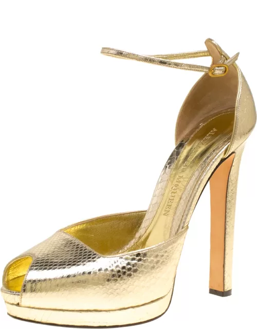 Alexander McQueen Metallic Embossed Python Leather Peep Toe Ankle Strap Platform Sandal