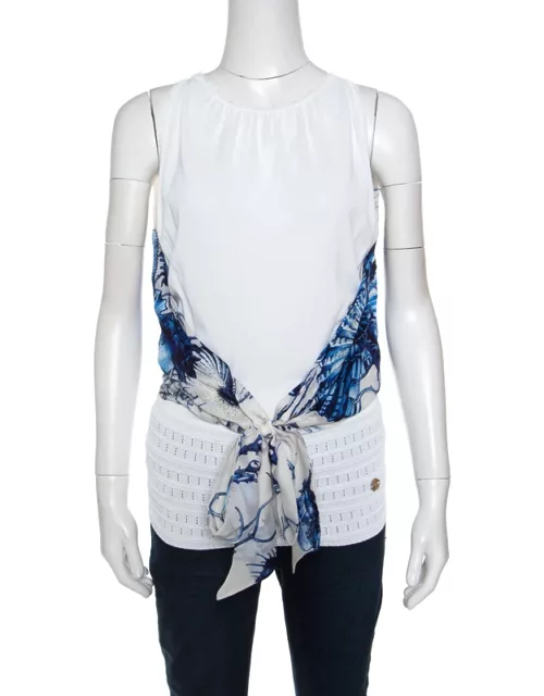 Roberto Cavalli White and Blue Printed Cutout Back Front Tie Sleeveless Top