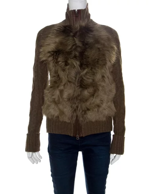 Ralph Lauren Brown Wool and Angora Knit Fur Panel Detail Zip Front Jacket