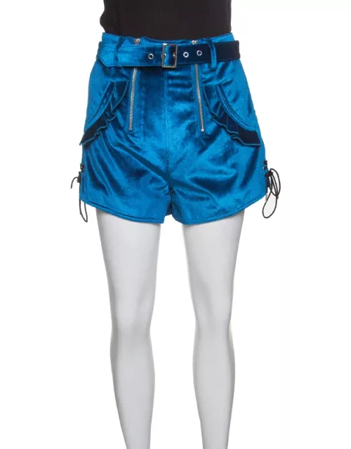 Self Portrait Peacock Blue Velvet Lace-up Cuff Belted High Waist Shorts