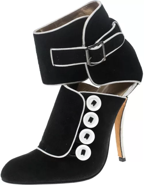 Manolo Blahnik Black/White Suede and Fabric Rapacina Button Detail Bootie