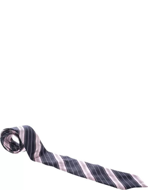 Ermenegildo Zegna Navy Blue and Pink Diagonal Striped Silk Jacquard Traditional Tie