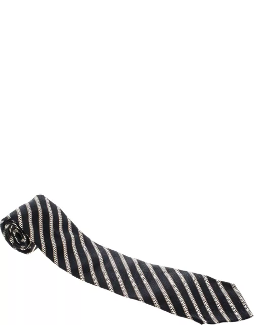 Ermenegildo Zegna Black Diagonal Striped Silk Jacquard Traditional Tie