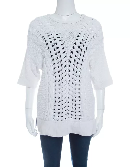 Thakoon Off White Chunky Perforated Knit Rib Trim Short Sleeve Top