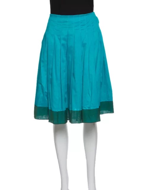 Prada Blue Cotton Contrast Silk Trim Detail Pleated Skirt