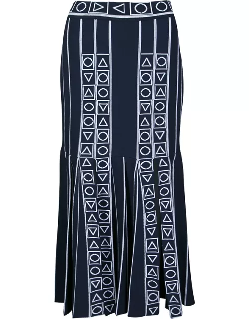 Peter Pilotto Navy Blue and White Index Knit Slit Detail Midi Skirt