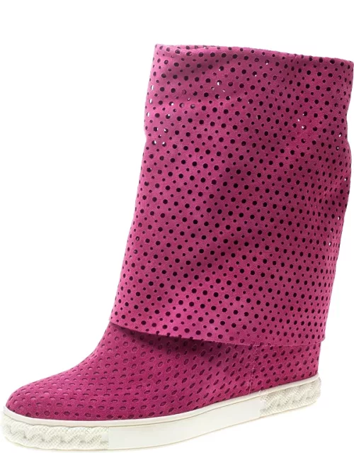 Casadei Pink Perforated Suede Wedge Boot