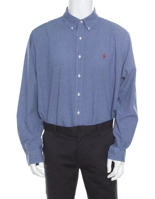 Ralph Lauren Blue Gingham Checked Cotton Logo Embroidered Long Sleeve Shirt