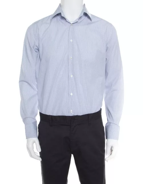 Etro White and Blue Checked Cotton Long Sleeve Button Front Shirt