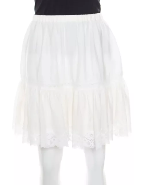 Dolce & Gabbana Cream Crinkled Cotton Silk Lace Insert Tiered Skirt