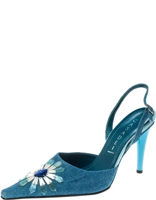 Casadei Blue Denim Pointed Toe Slingback Sandal
