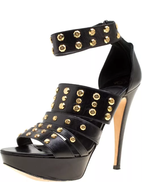 Gina Black Leather Studded Ankle Strap Platform Sandal