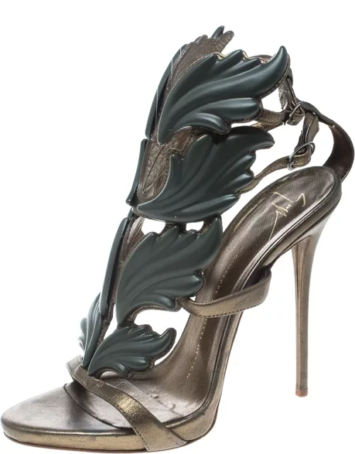 Giuseppe Zanotti Olive Green Leather Argent Metal Wing Embellished Strappy Sandal