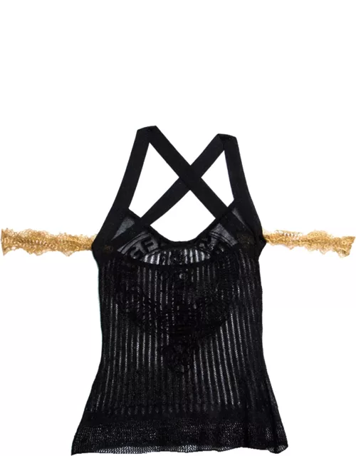 GF Ferre Metallic Black Scallop Lace Strap Detail Perforated Knit Top
