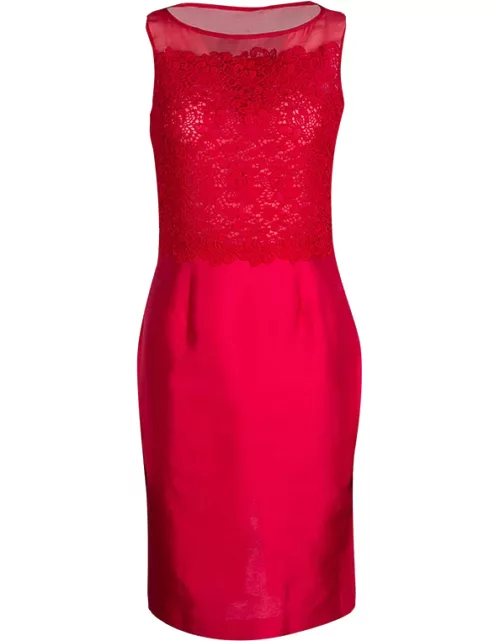 CH Carolina Herrera Red Lace and Organza Sleeveless Sheath Dress