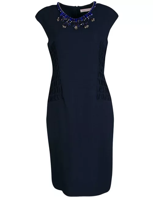 Matthew Williamson Navy Blue Smocked Waist Detail Embellished Neck Sleeveless Dress