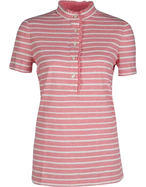 Tory Burch Pink and White Striped Knit Ruffle Detail T-Shirt