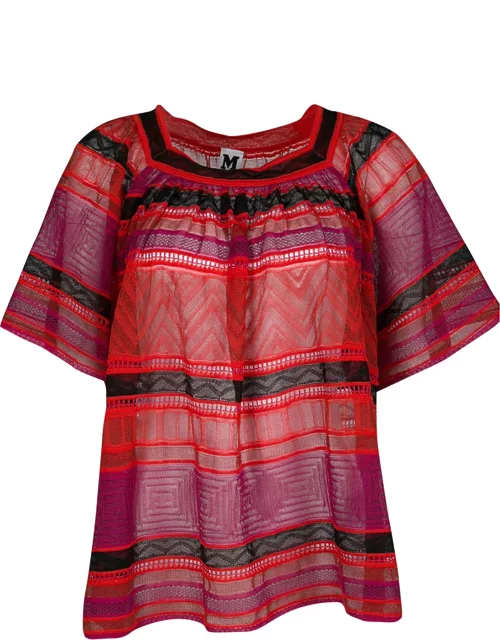 M Missoni Multicolor Striped Perforated Textured Knit Top