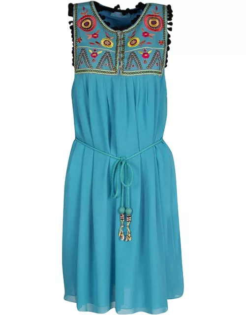 Matthew Williamson Escape Blue Floral Embroidered Silk Pom Pom Trim Sleeveless Dress