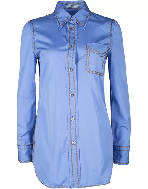 Prada Blue Cotton Contrast Embroidered Long Sleeve Button Front Shirt