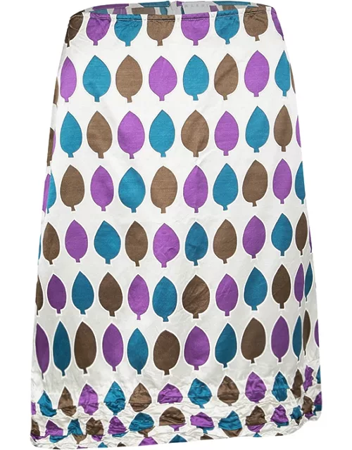 Marni Multicolor Leaf Print Ruched Hem Detail Satin Skirt