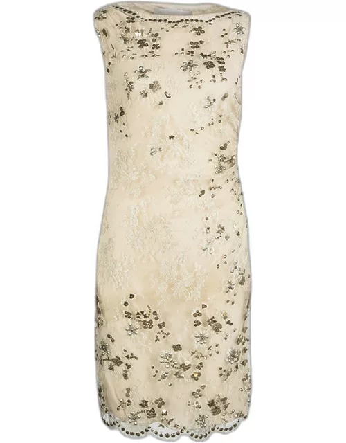 Valentino Beige Embellished Floral Lace Overlay Ruched Sleeveless Dress