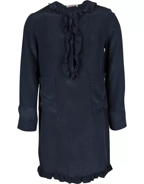Marni Navy Blue Silk Ruffle Trim Detail Long Sleeve Dress 6 Yr