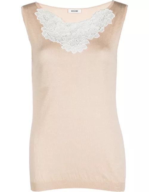 Moschino Beige Knit Lace Neck Trim Detail Sleeveless Top