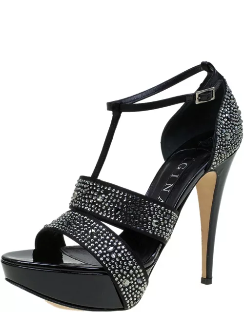 Gina Black Crystal Embellished Leather T Strap Platform Sandal