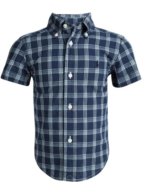 Ralph Lauren Navy Blue Checked Cotton Short Sleeve Buttondown Shirt 2 Yr