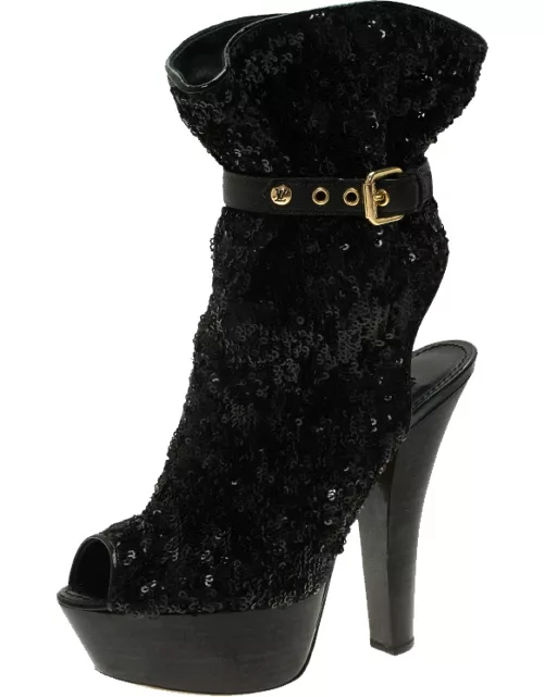 Louis Vuitton Black Sequins and Leather Peep Toe Platform Ankle Boot