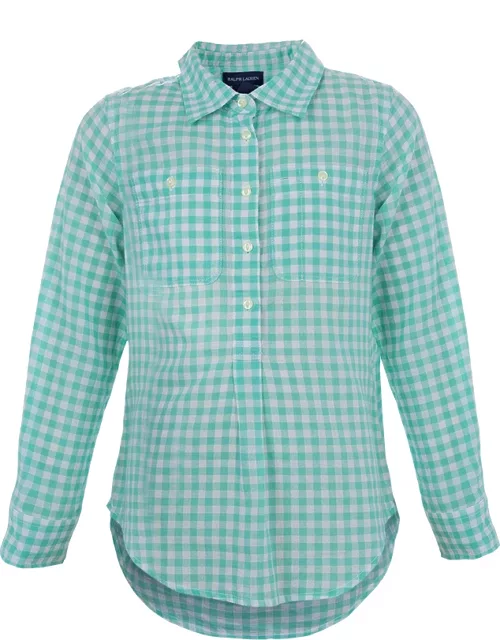 Ralph Lauren White and Green Checked Long Sleeve Button-Down Cotton Shirt 6 Yr