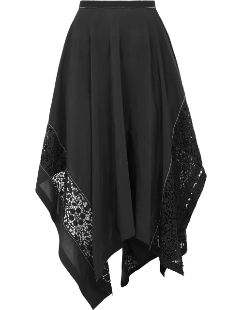 Black lace-trimmed asymmetric midi skirt