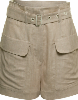 Tela Beige Linen Blend Shorts With Pockets