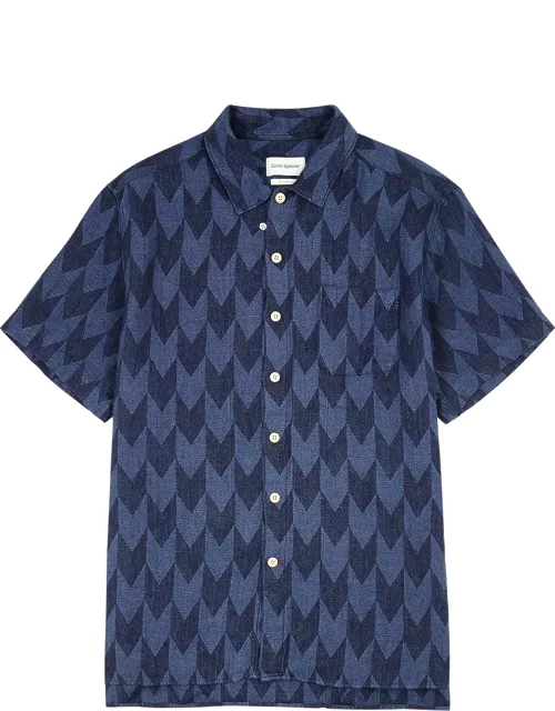 Riviera navy chevron-jacquard linen shirt
