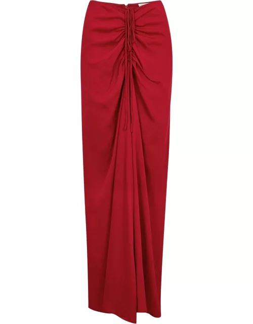 Red ruched maxi skirt