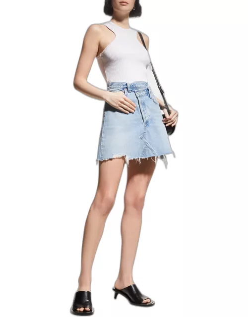 Crisscross Waist Cut-Off Mini Denim Skirt