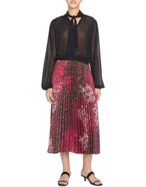 Pleated Animal-Print Satin Skirt