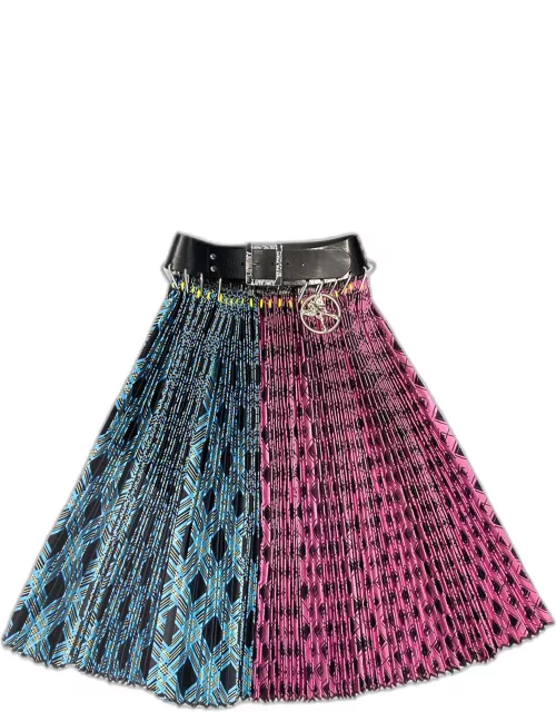 Mixed-Print Spliced Asymmetric Belted Skirt