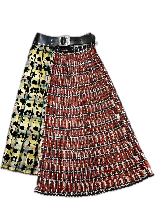 Mixed-Print Spliced Asymmetric Belted Midi Skirt